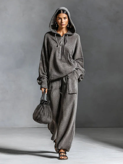 Dark Gray Casual Corduroy Hooded Sweatshirt and Straight-leg Pants Two-piece Set - NuaVibe