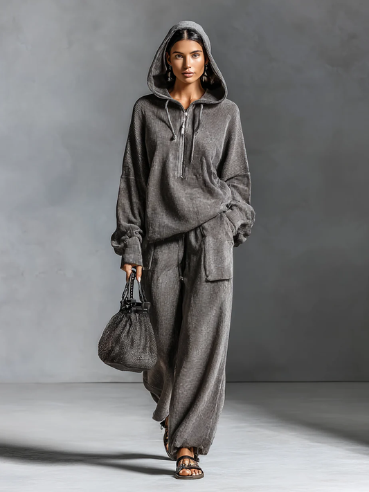 Dark Gray Casual Corduroy Hooded Sweatshirt and Straight-leg Pants Two-piece Set