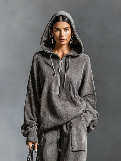 Dark Gray Casual Corduroy Hooded Sweatshirt and Straight-leg Pants Two-piece Set - NuaVibe