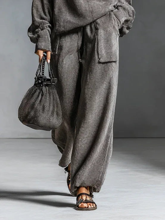 Dark Gray Casual Corduroy Hooded Sweatshirt and Straight-leg Pants Two-piece Set - NuaVibe