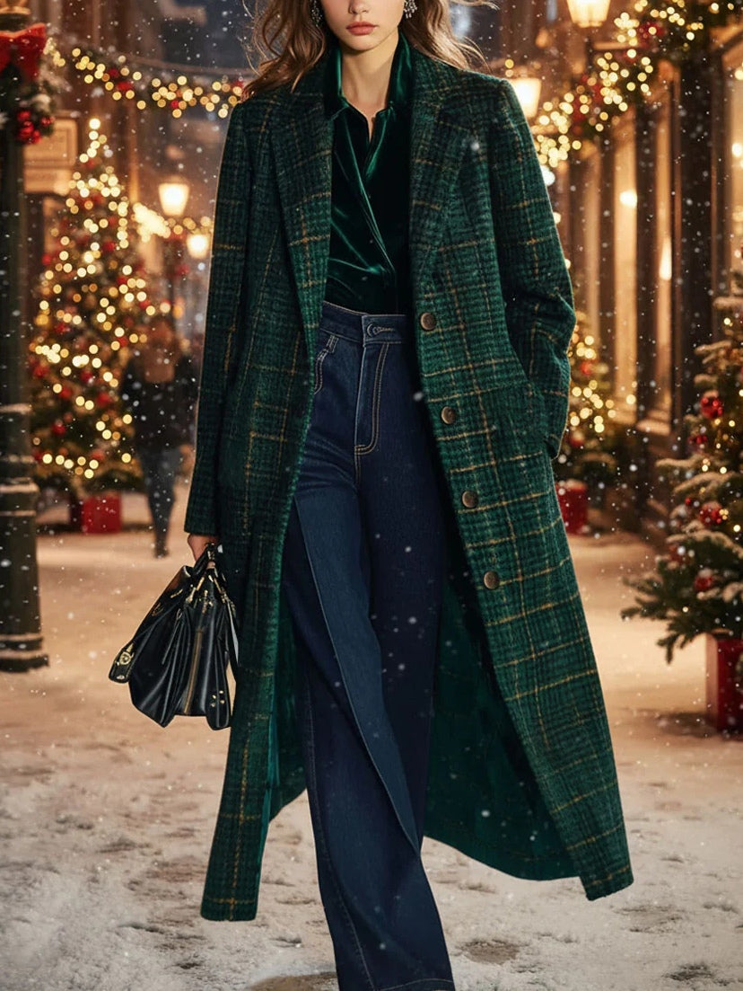 Retro Classic Dark Green Plaid Long Coat