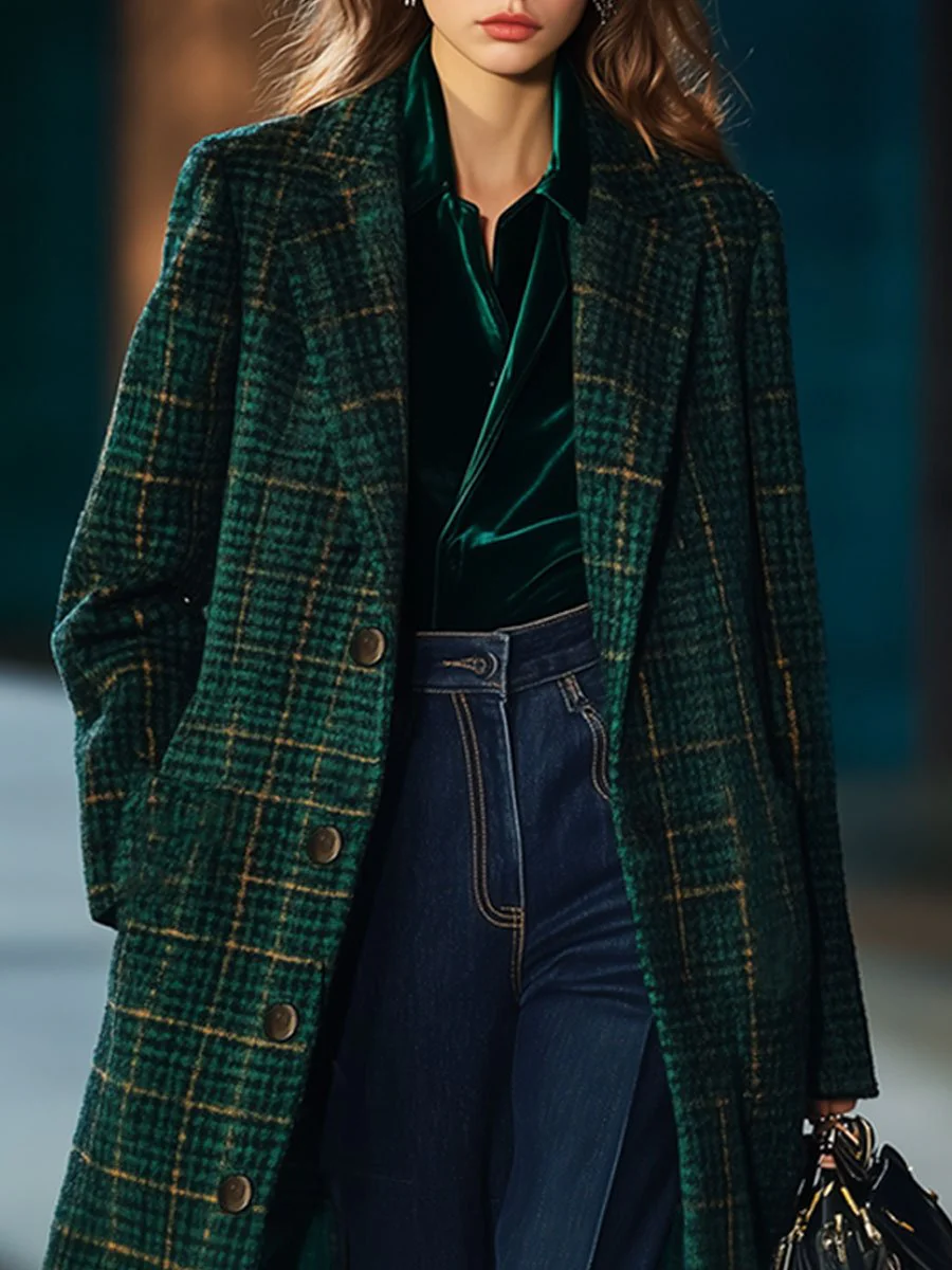 Retro Classic Dark Green Plaid Long Coat