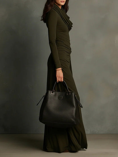 Olive Green Turtleneck Pleated Maxi Dress