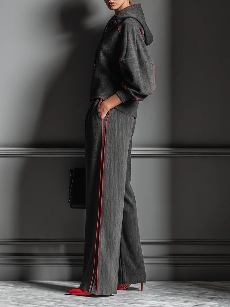 Dark Gray and Red Color-blocked Hooded Sweatshirt and Wide-leg Pants Two-piece Set