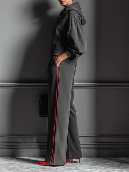 Dark Gray and Red Color-blocked Hooded Sweatshirt and Wide-leg Pants Two-piece Set