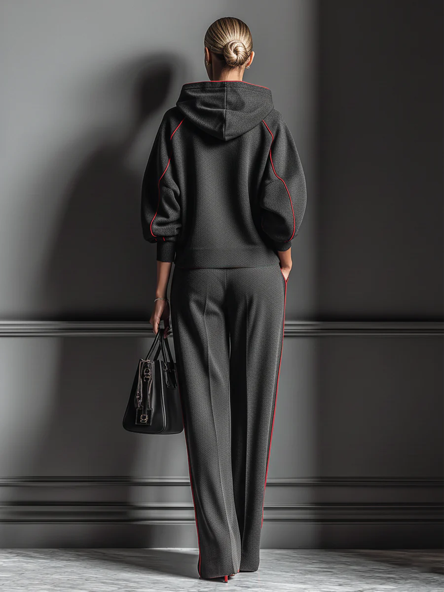 Dark Gray and Red Color-blocked Hooded Sweatshirt and Wide-leg Pants Two-piece Set