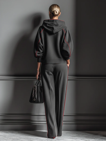 Dark Gray and Red Color-blocked Hooded Sweatshirt and Wide-leg Pants Two-piece Set