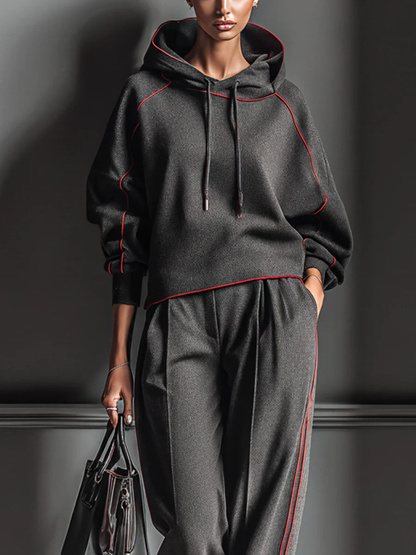 Dark Gray and Red Color-blocked Hooded Sweatshirt and Wide-leg Pants Two-piece Set