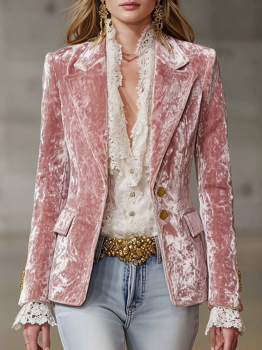 Retro Pink Velvet Gold Button Blazer