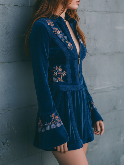 Blue Velvet Zip-up Lace-trimmed Embroidered Mini Dress