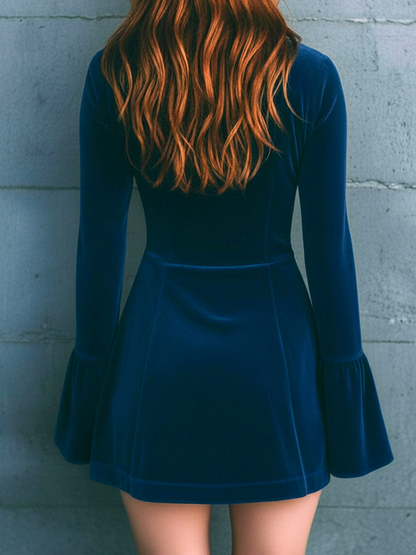 Blue Velvet Zip-up Lace-trimmed Embroidered Mini Dress