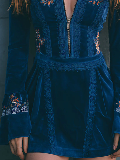 Blue Velvet Zip-up Lace-trimmed Embroidered Mini Dress