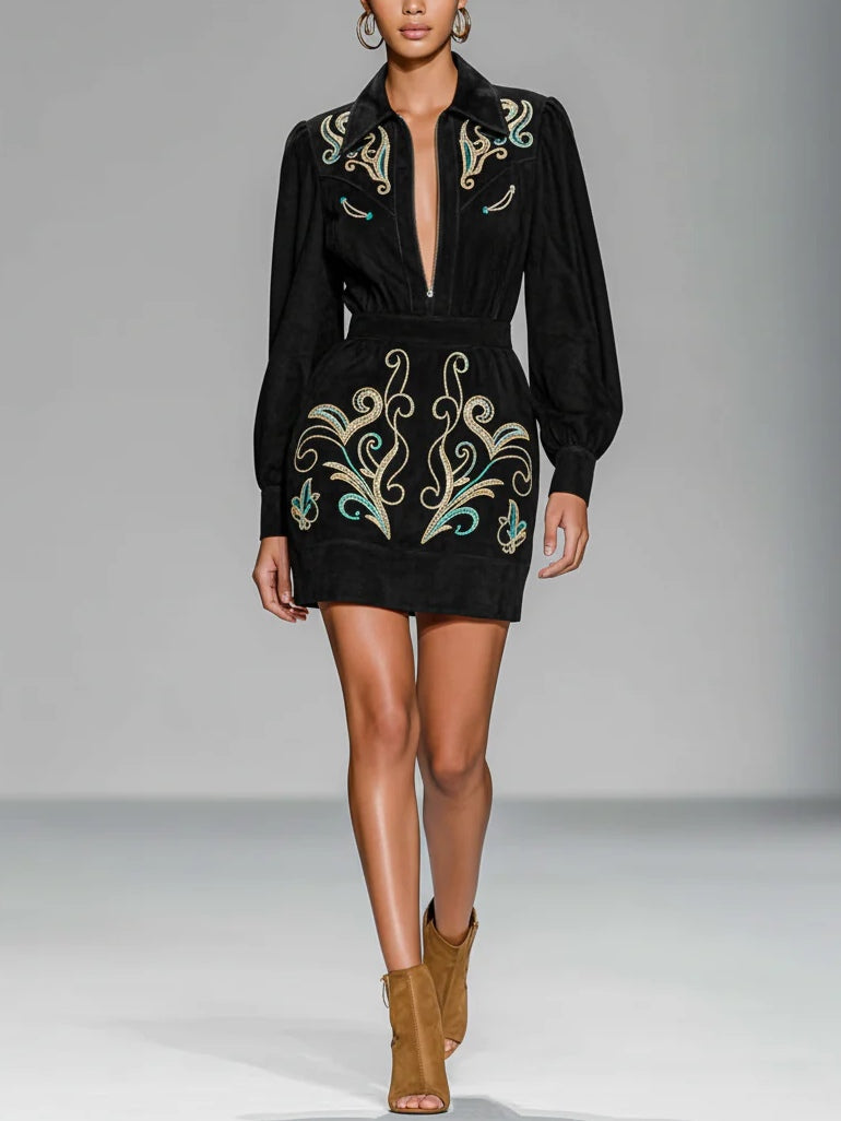 Black Faux Suede Embroidered Zip-up Mini Dress