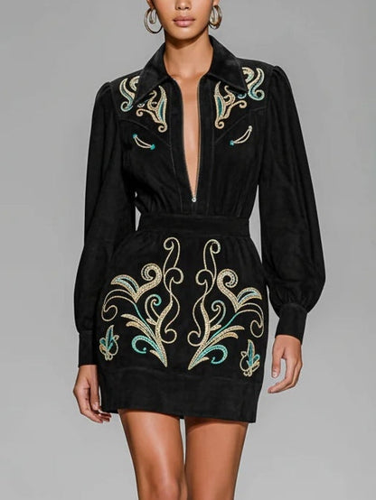 Black Faux Suede Embroidered Zip-up Mini Dress