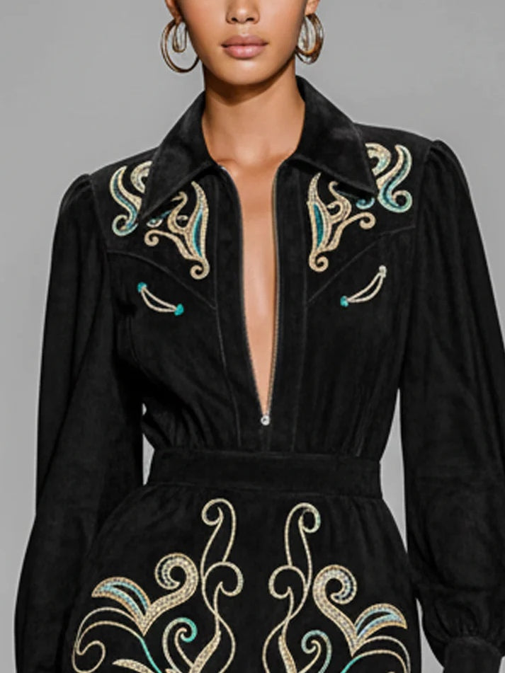 Black Faux Suede Embroidered Zip-up Mini Dress