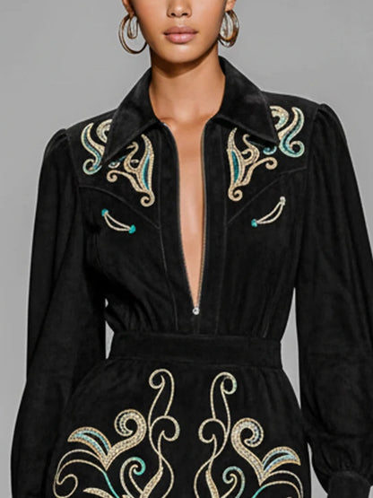 Black Faux Suede Embroidered Zip-up Mini Dress