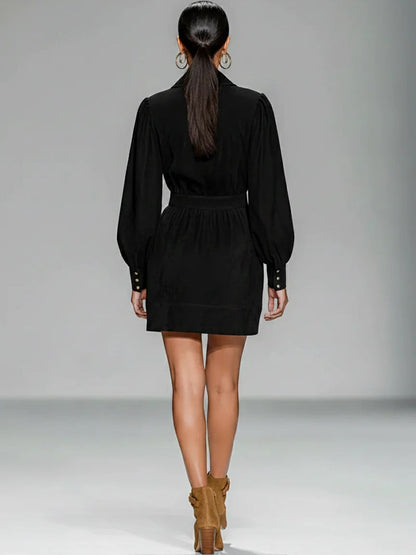 Black Faux Suede Embroidered Zip-up Mini Dress