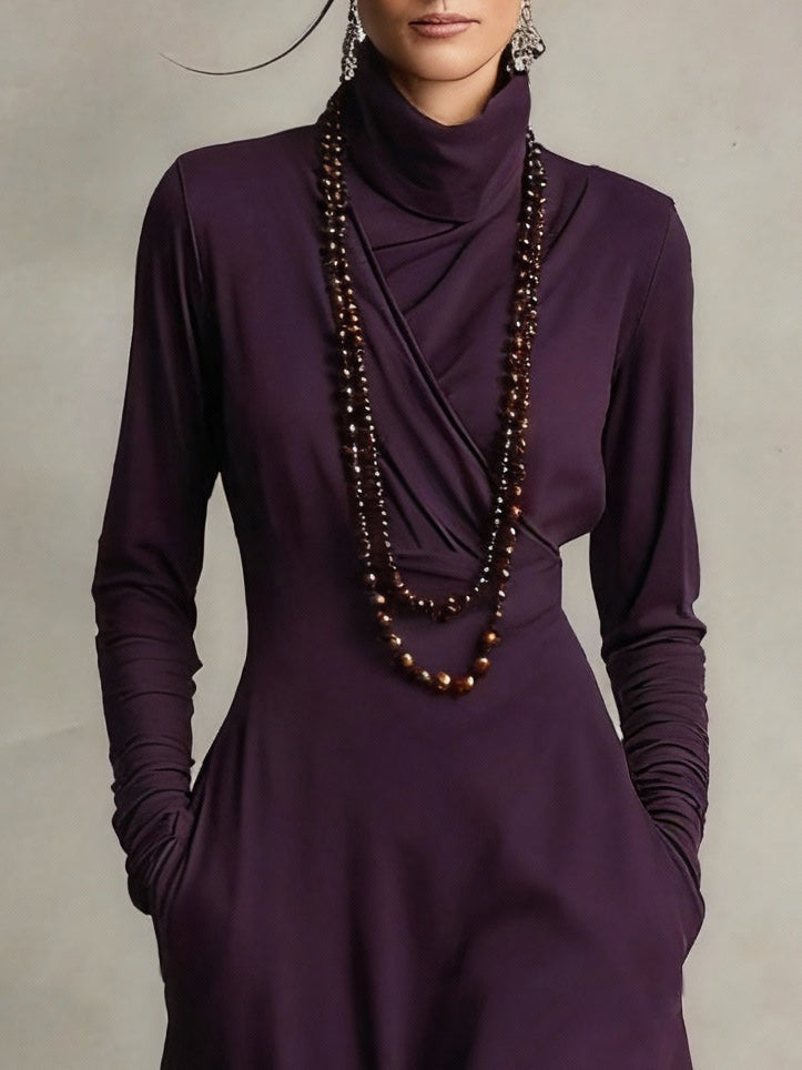 Purple Turtleneck Plaid Patchwork Faux Two-piece Midi Dress (necklace not included)