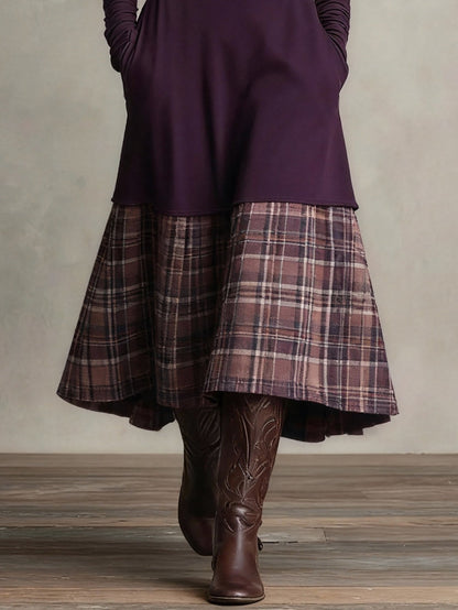 Purple Turtleneck Plaid Patchwork Faux Two-piece Midi Dress (necklace not included)