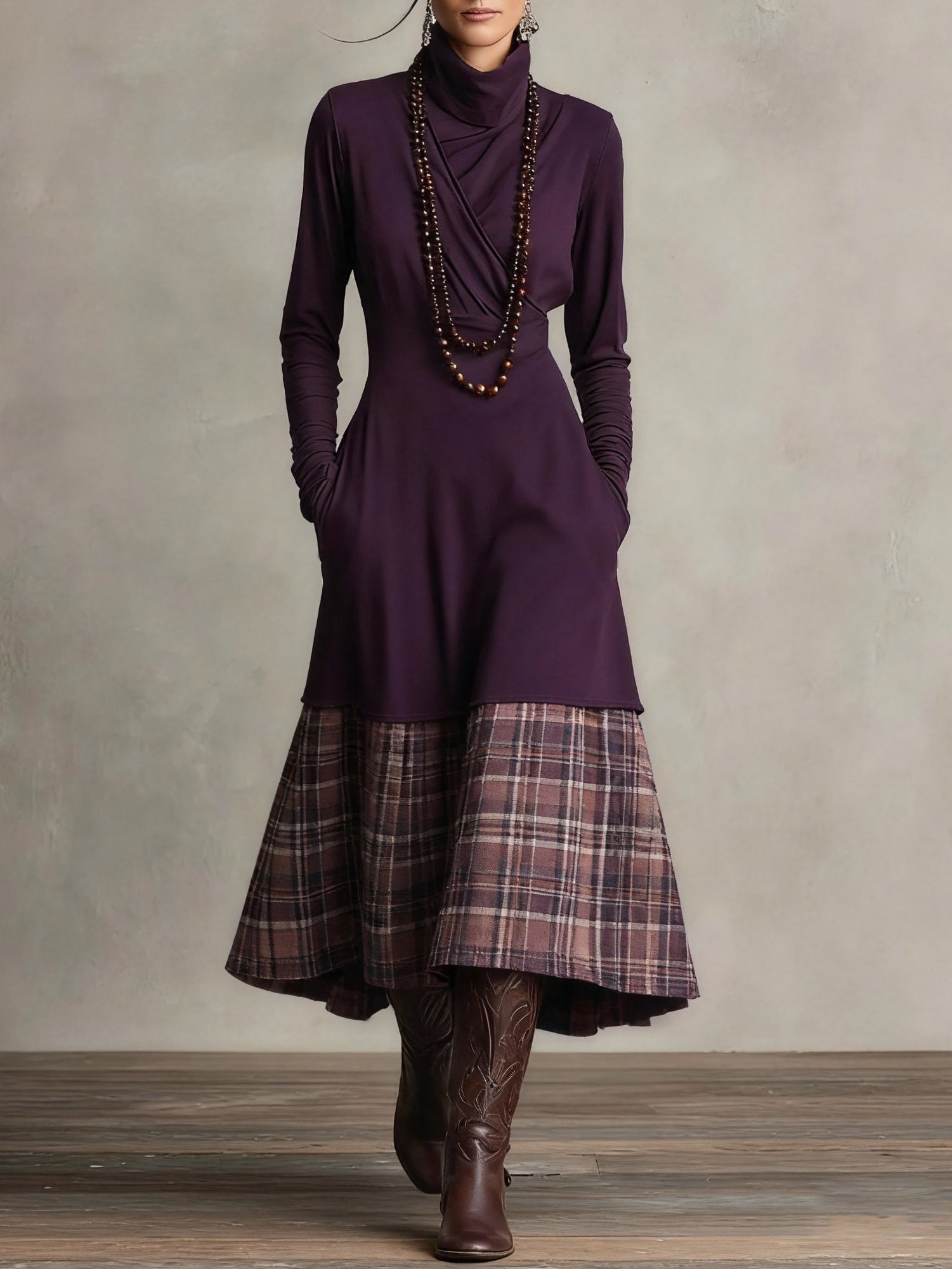 Purple Turtleneck Plaid Patchwork Faux Two-piece Midi Dress (necklace not included)