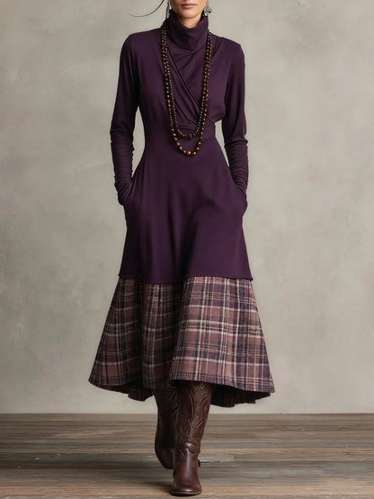 Purple Turtleneck Plaid Patchwork Faux Two-piece Midi Dress (necklace not included)