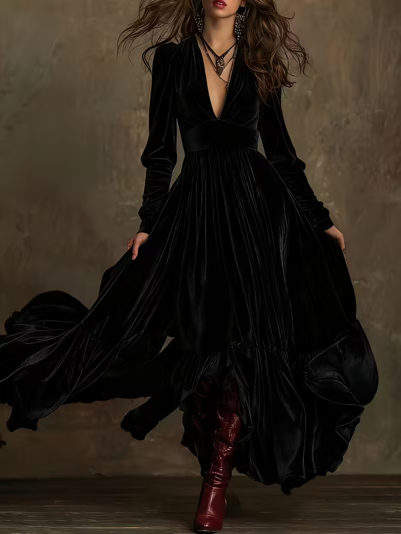 Retro Velvet V-neck Fitted Waist Maxi Dress