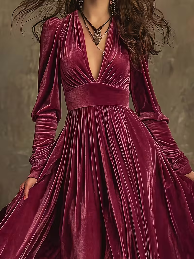 Retro Velvet V-neck Fitted Waist Maxi Dress