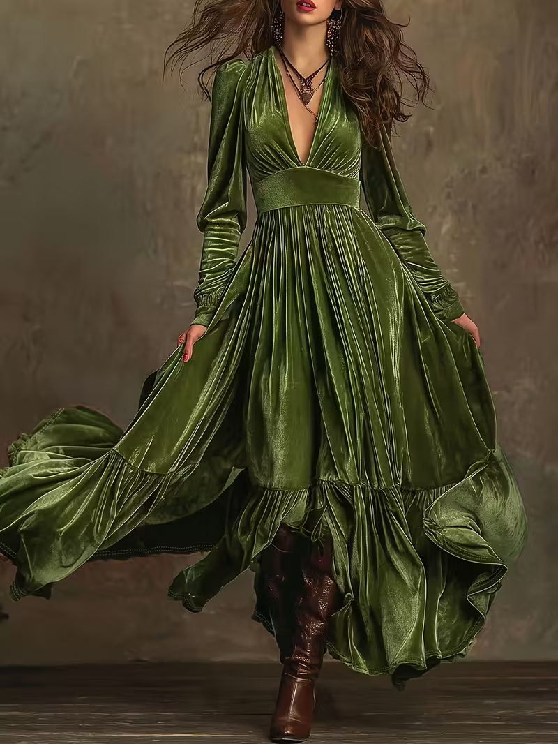 Retro Velvet V-neck Fitted Waist Maxi Dress