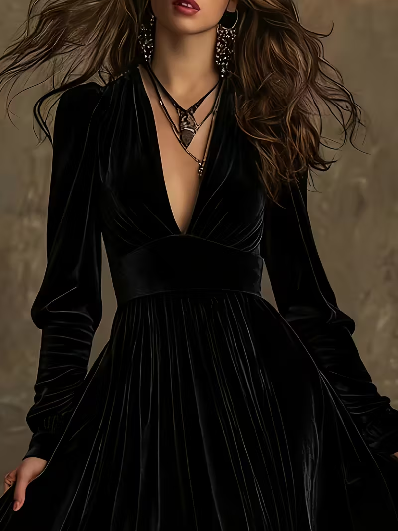 Retro Velvet V-neck Fitted Waist Maxi Dress