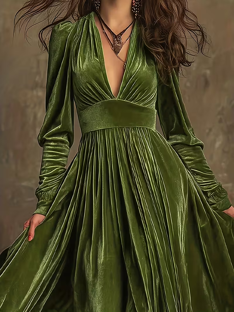 Retro Velvet V-neck Fitted Waist Maxi Dress
