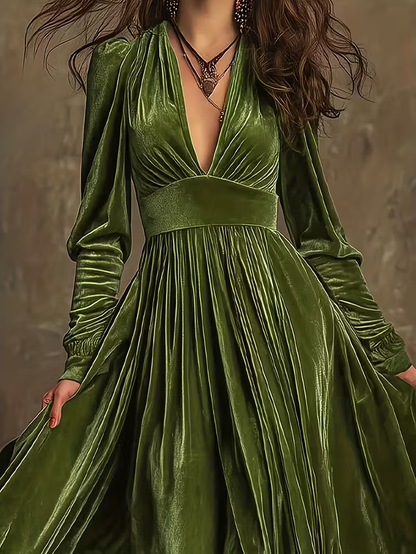Retro Velvet V-neck Fitted Waist Maxi Dress