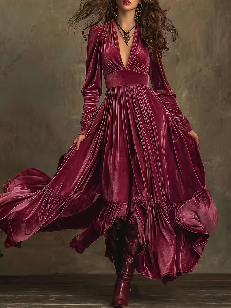 Retro Velvet V-neck Fitted Waist Maxi Dress