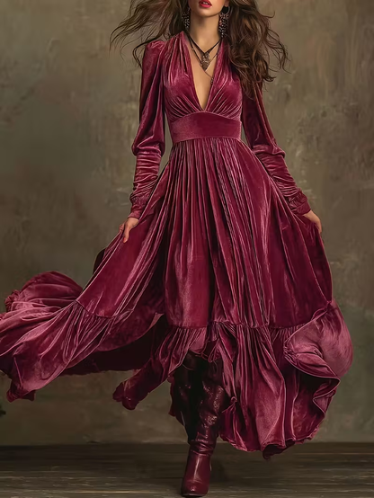Retro Velvet V-neck Fitted Waist Maxi Dress