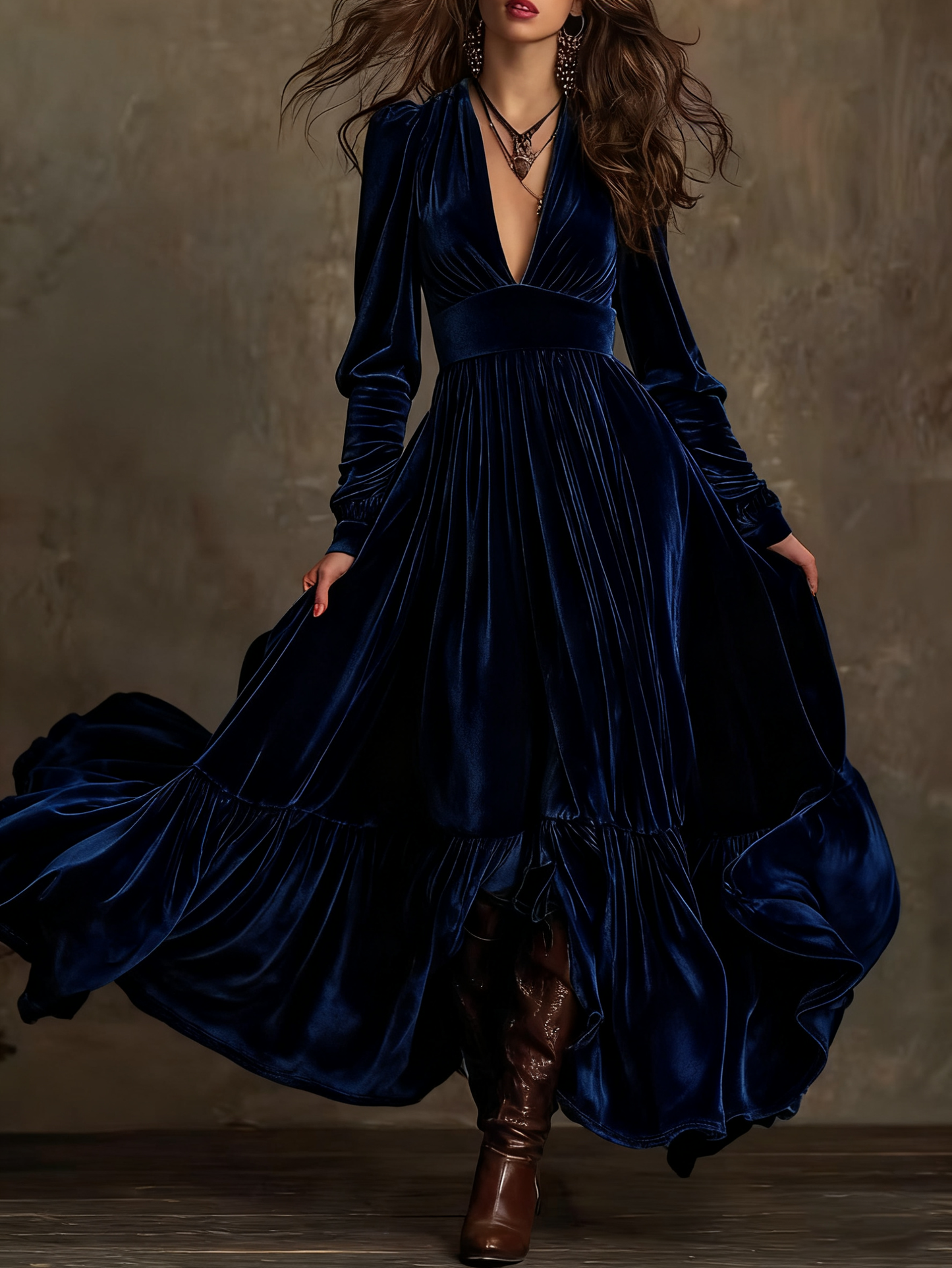 Retro Velvet V-neck Fitted Waist Maxi Dress