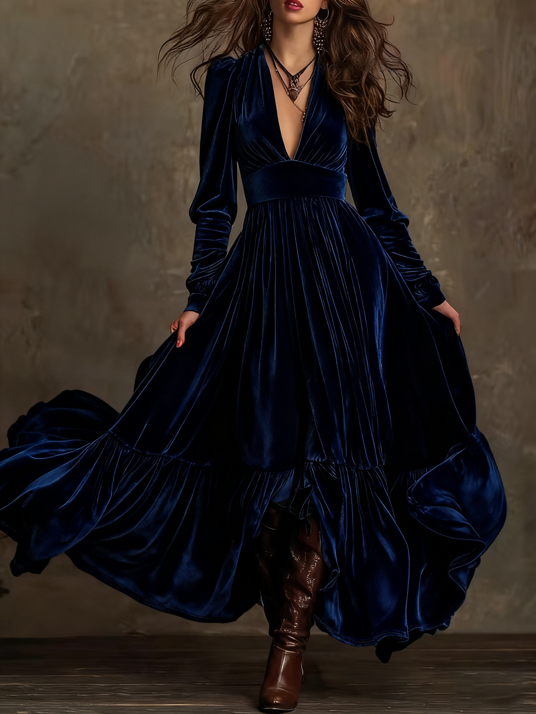 Retro Velvet V-neck Fitted Waist Maxi Dress
