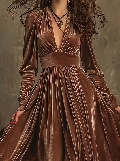 Retro Velvet V-neck Fitted Waist Maxi Dress