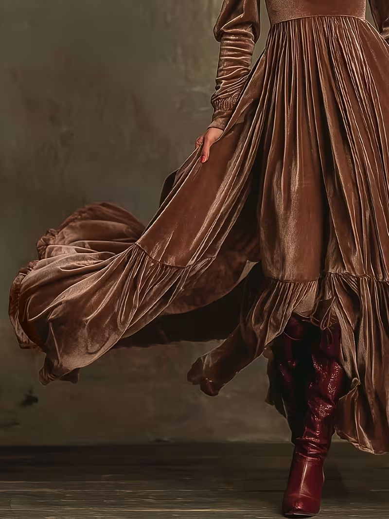 Retro Velvet V-neck Fitted Waist Maxi Dress