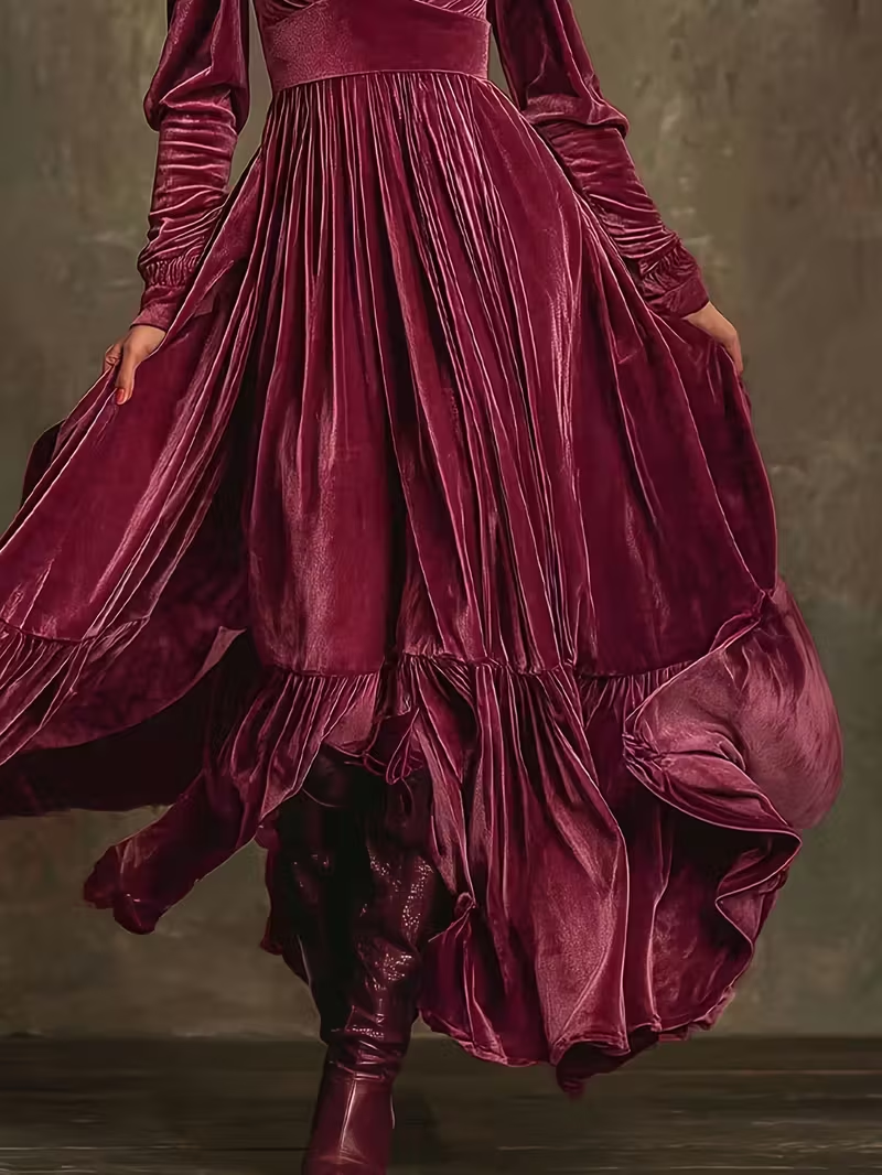 Retro Velvet V-neck Fitted Waist Maxi Dress