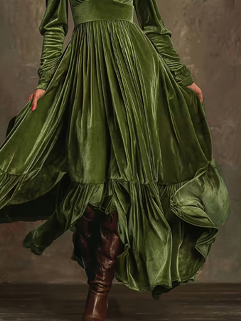 Retro Velvet V-neck Fitted Waist Maxi Dress