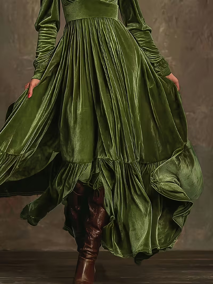 Retro Velvet V-neck Fitted Waist Maxi Dress