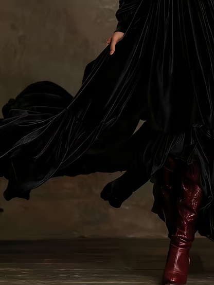 Retro Velvet V-neck Fitted Waist Maxi Dress