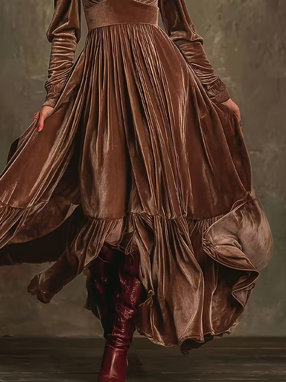 Retro Velvet V-neck Fitted Waist Maxi Dress