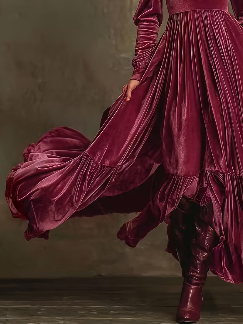 Retro Velvet V-neck Fitted Waist Maxi Dress