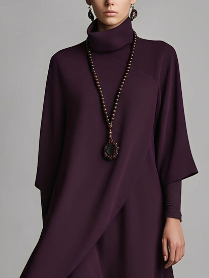Dark Purple High-neck Embroidered Asymmetrical Pleated Maxi Dress