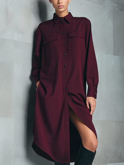 Burgundy Button-down Double-pocket Shirt Dress
