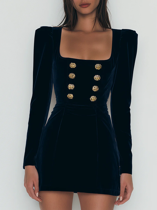 Elegant Navy Velvet Gold Buttons Mini Dress