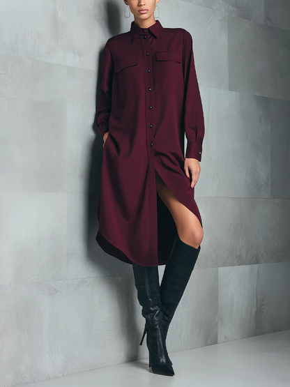Burgundy Button-down Double-pocket Shirt Dress