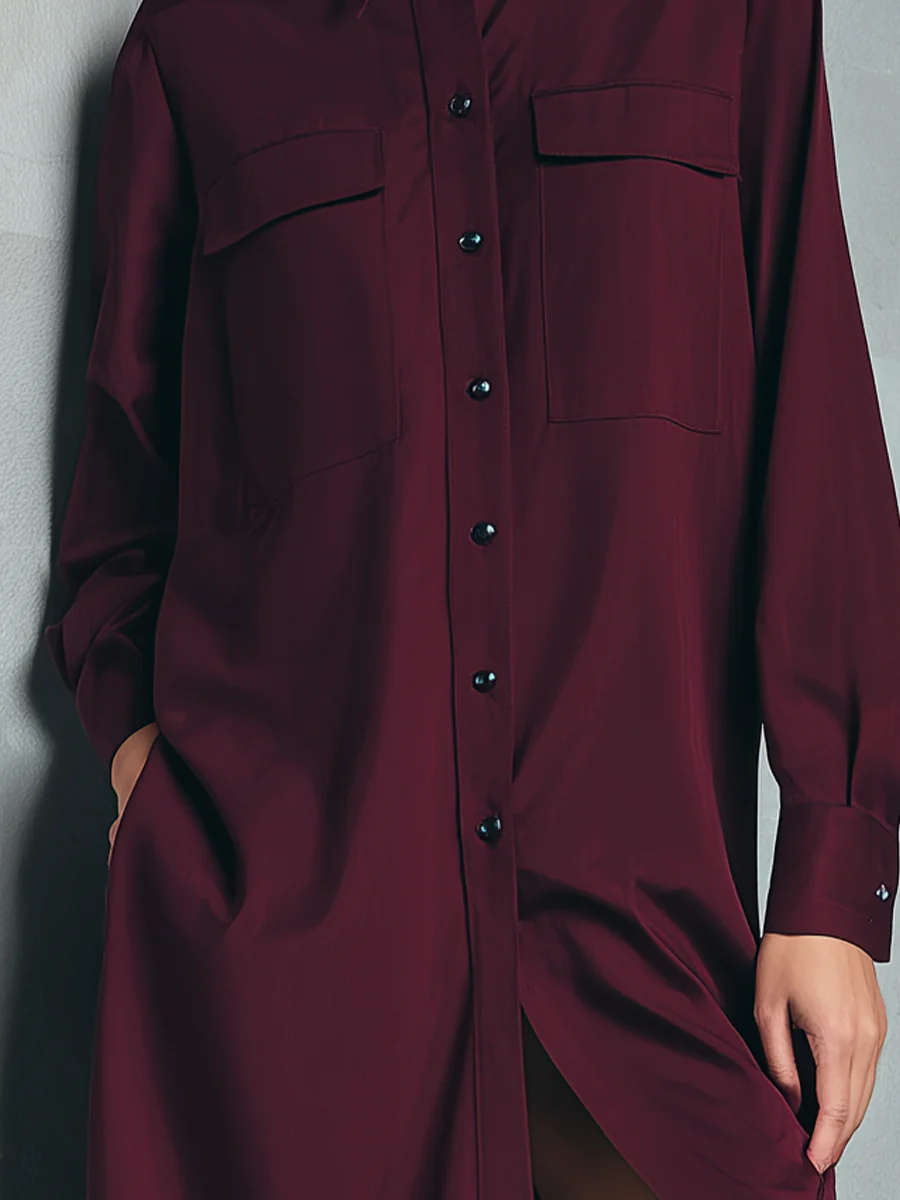 Burgundy Button-down Double-pocket Shirt Dress