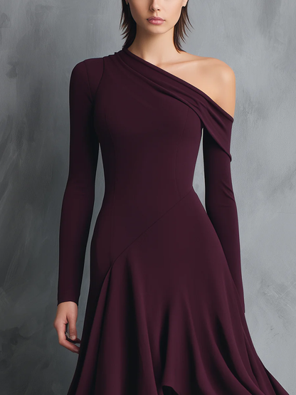 Burgundy Off-shoulder Asymmetrical Hem Maxi Dress