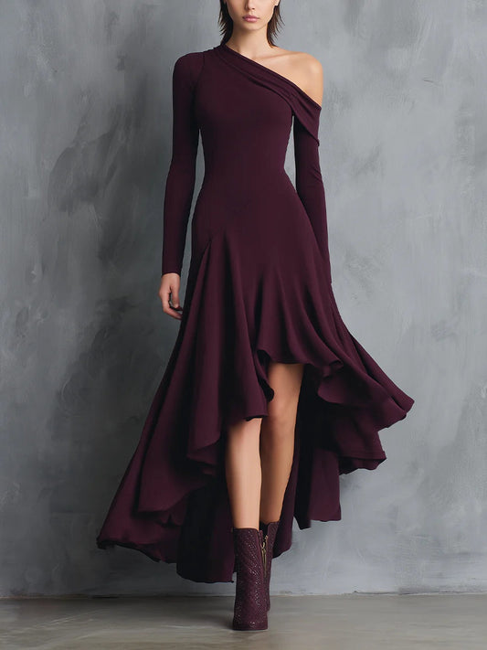 Burgundy Off-shoulder Asymmetrical Hem Maxi Dress